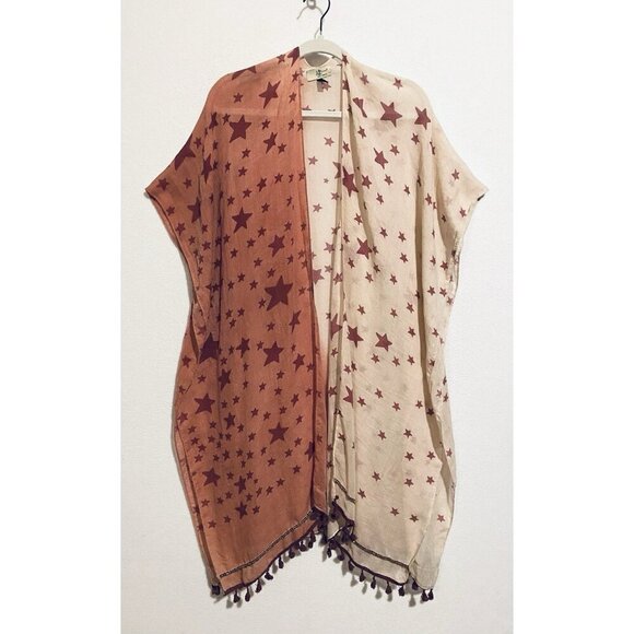 JC Sunny Top Womens One Size Red Ombre Star Print Kimono Sequin Tassel Boho - Picture 1 of 7